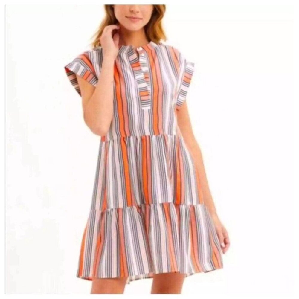 Marie Oliver Dress Womens Small‎ Lachlan Silk Mini Tiered Orange Pink Stripes